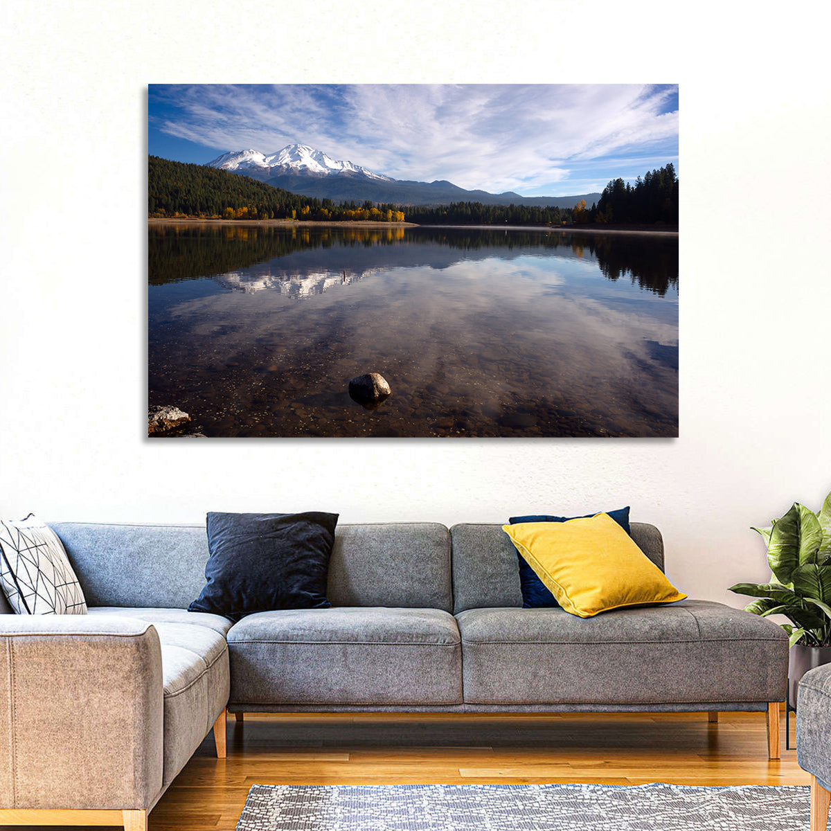 Mount Shasta Reflection at Lake Siskiyou Wall Art in a room, landscape