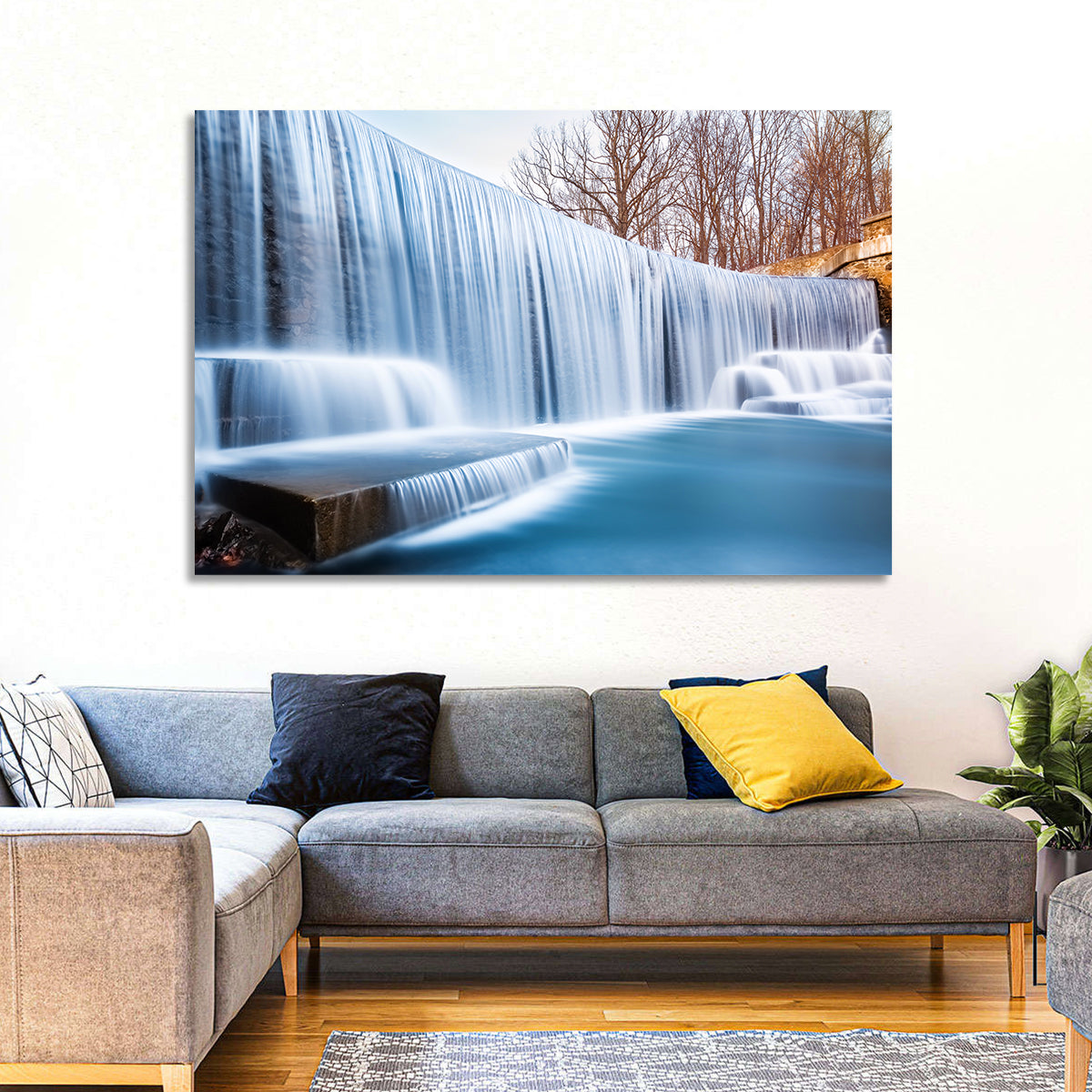 Seeley's Pond Winter Waterfall Wall Art in a room, landscape