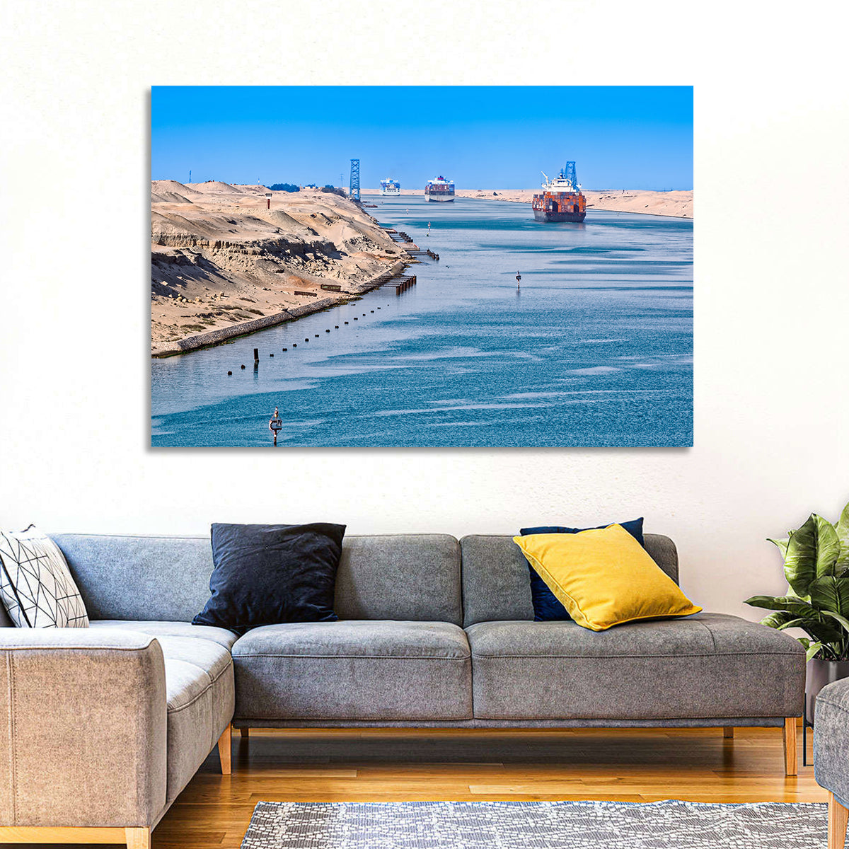 Suez Canal Container Ships Wall Art in a room, landscape