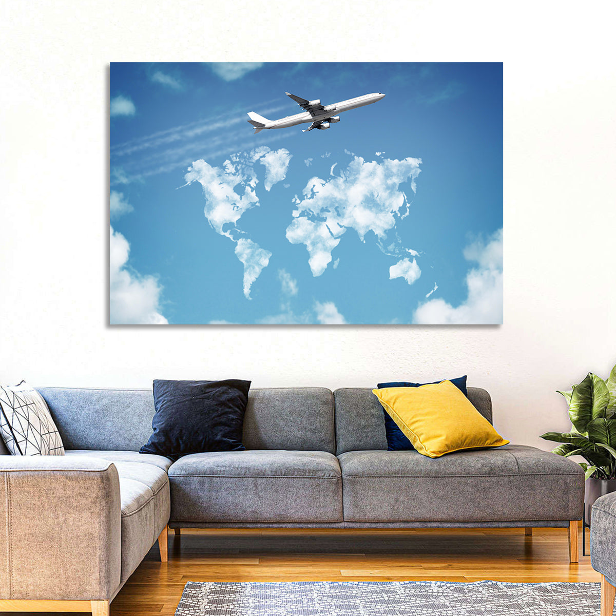 Jet Over Cloud World Map Wall Art