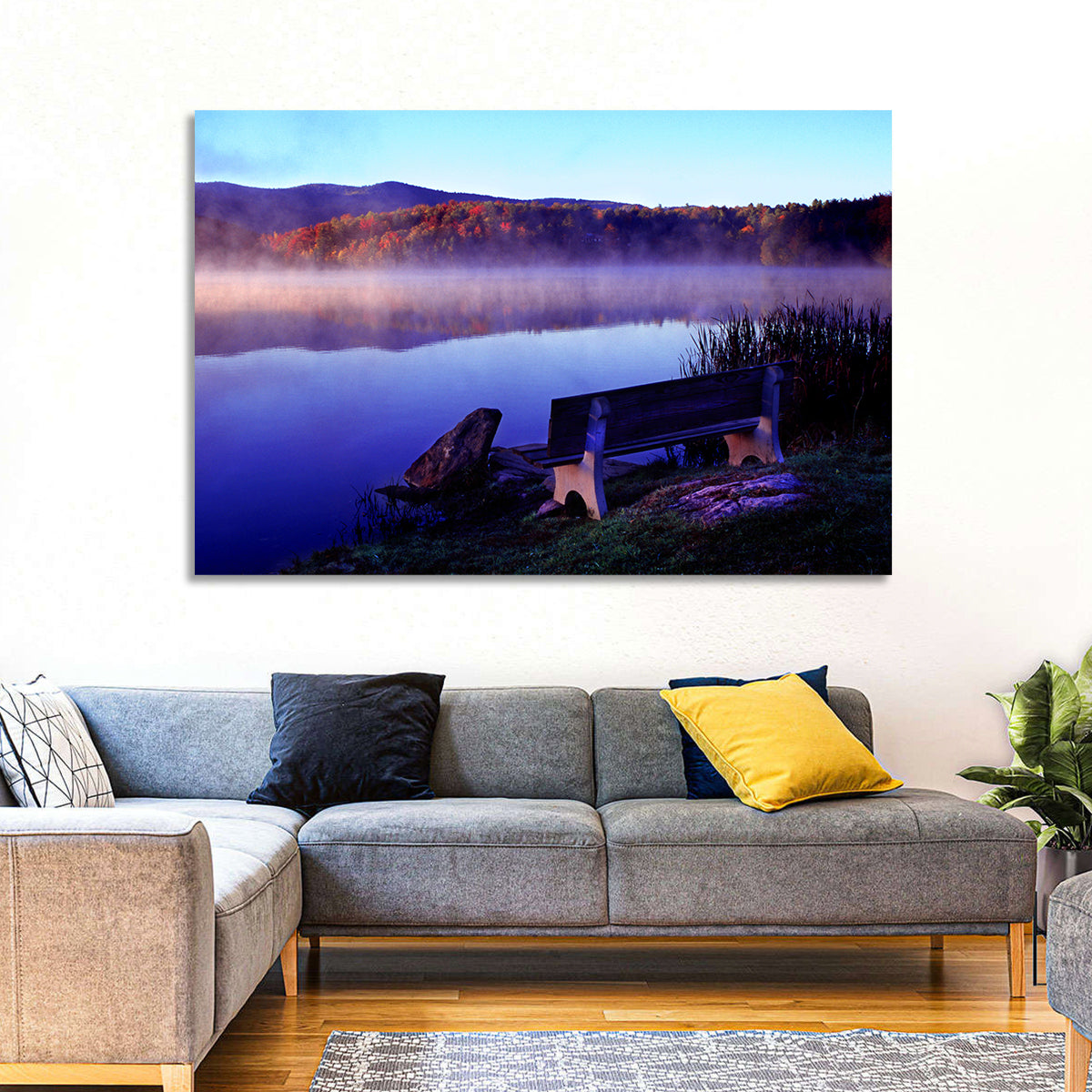 Bench at Misty Lake Sunrise Wall Art in a room, landscape