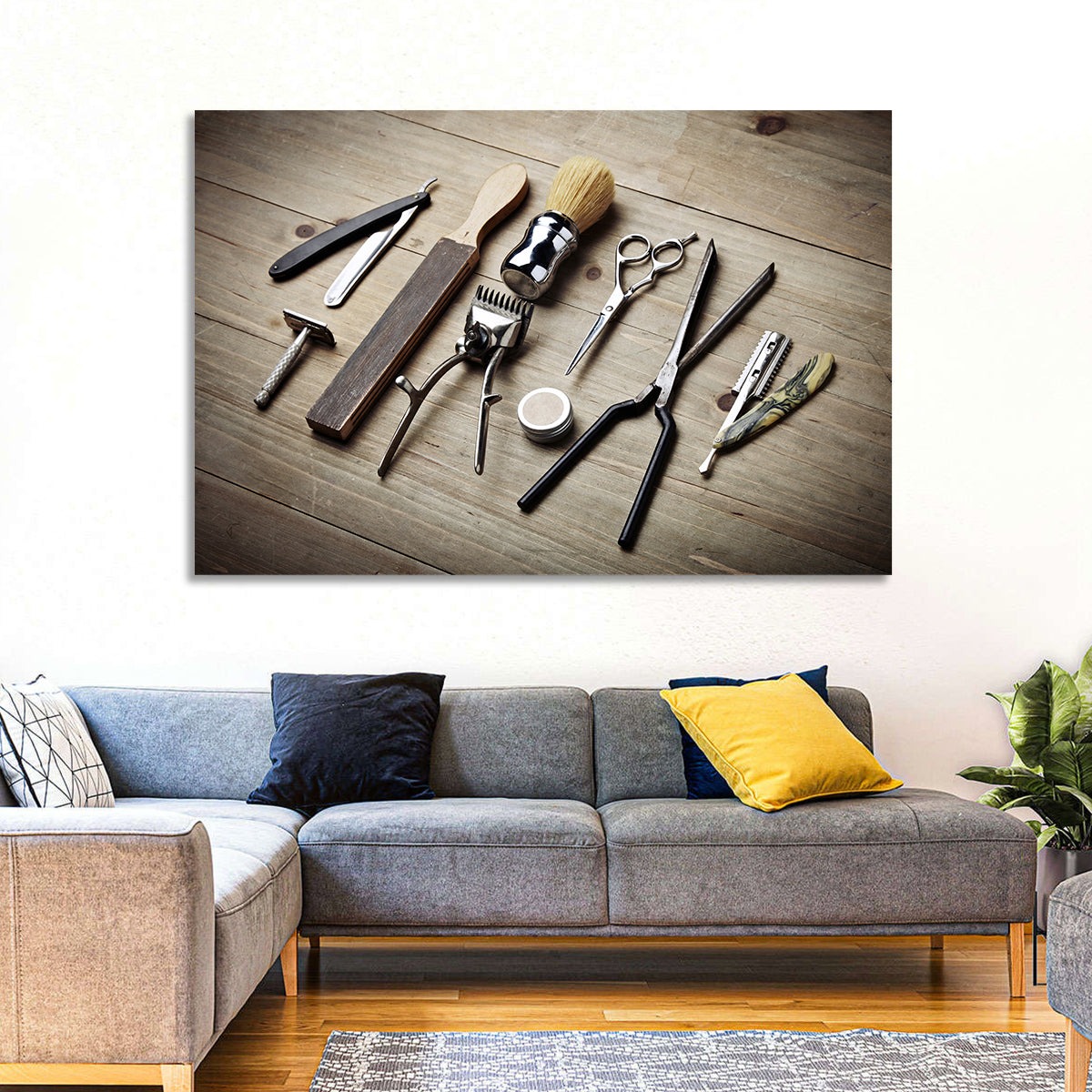 Vintage Barber Tools on Wooden Workbench Wall Art in a room, landscape