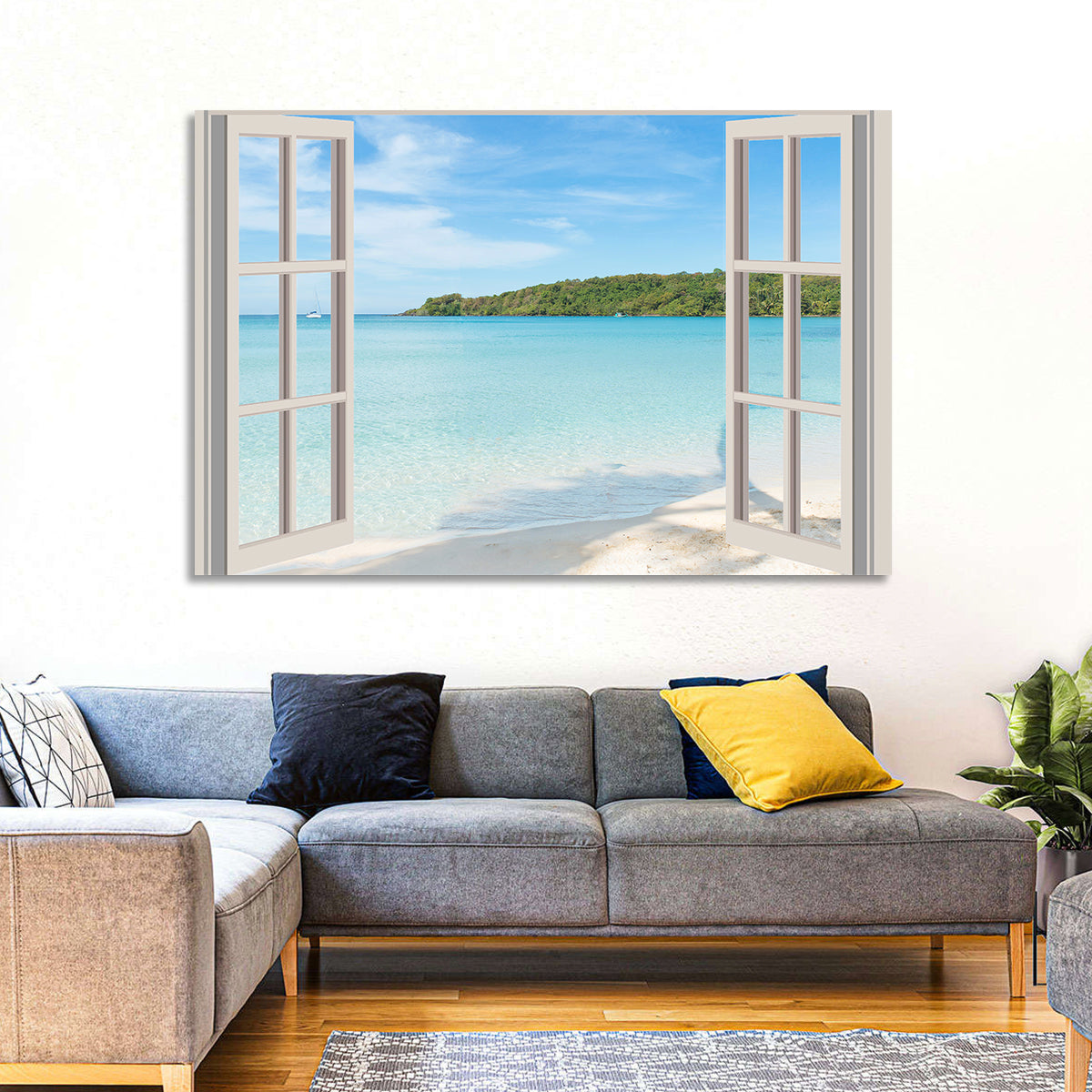 Turquoise Beach View Through Window Wall Art in a room, landscape