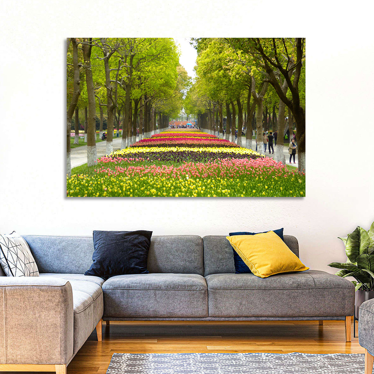 Tree-lined Tulip Garden Path Wall Art in a room, landscape