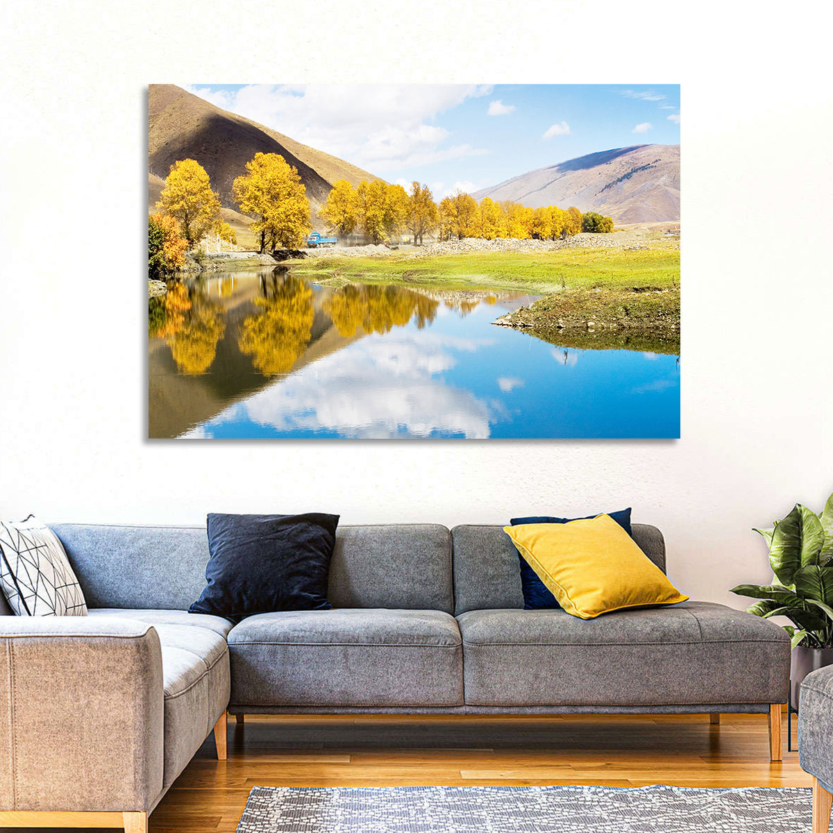 Chanxi Autumn Reflection Road Wall Art in a room, landscape