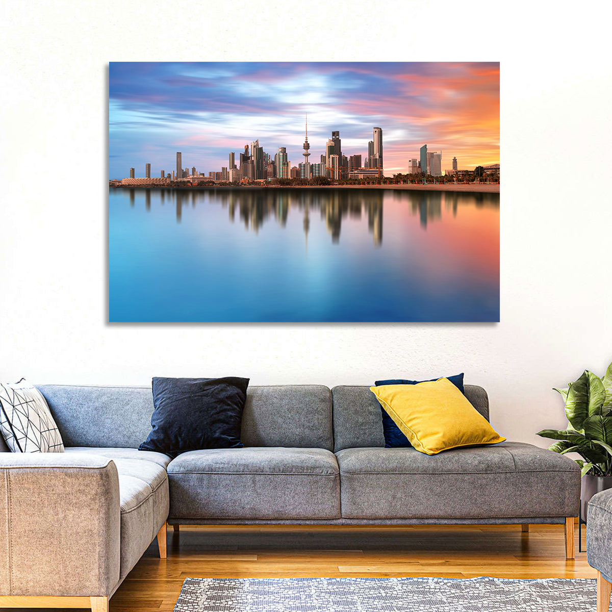 Kuwait City Skyline at Sunset Wall Art in a room, landscape