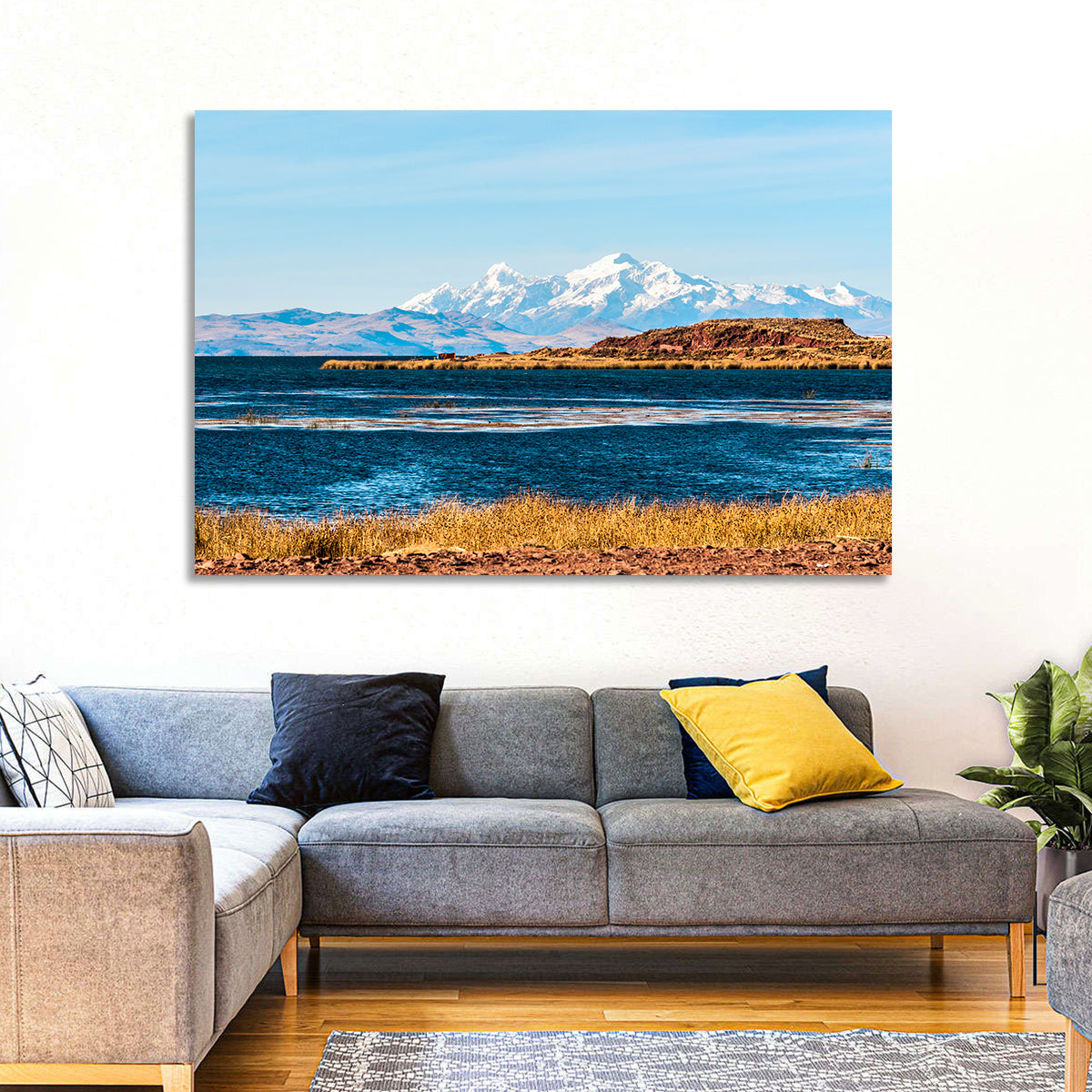 Lake Titicaca Blue and Gold Wall Art in a room, landscape