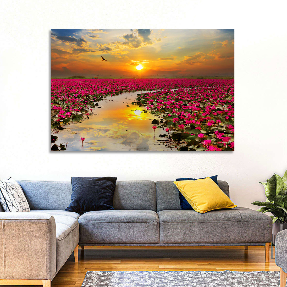 Golden Hour Lotus Field Wall Art in a room, landscape