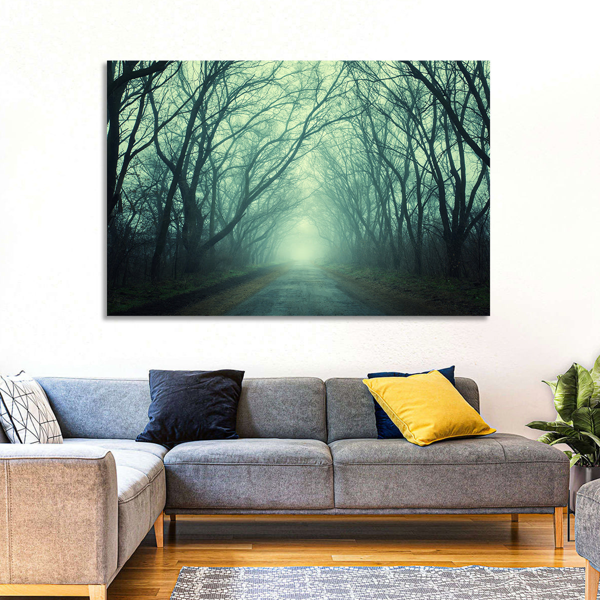 Foggy Forest Pathway Wall Art in a room, landscape