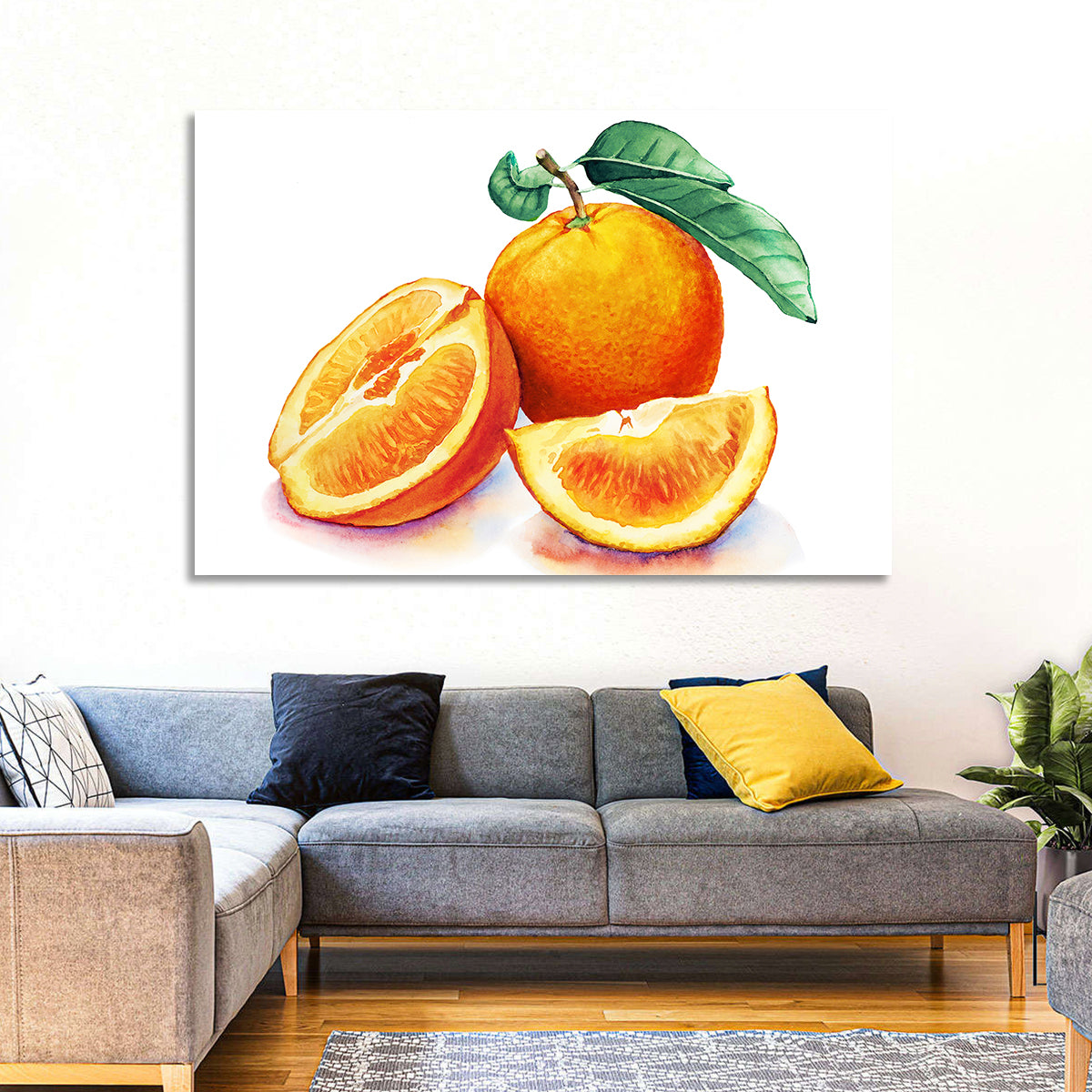 Watercolor Orange Still Life Wall Art in a room, landscape