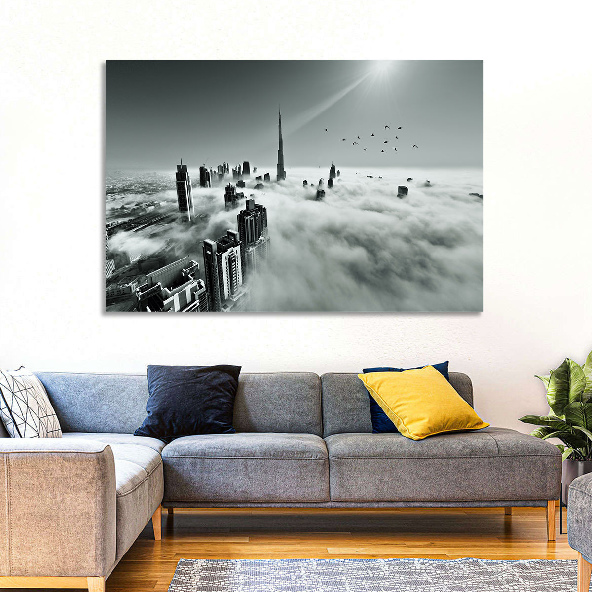 Burj Khalifa Rising Through Morning Fog Wall Art in a room, landscape