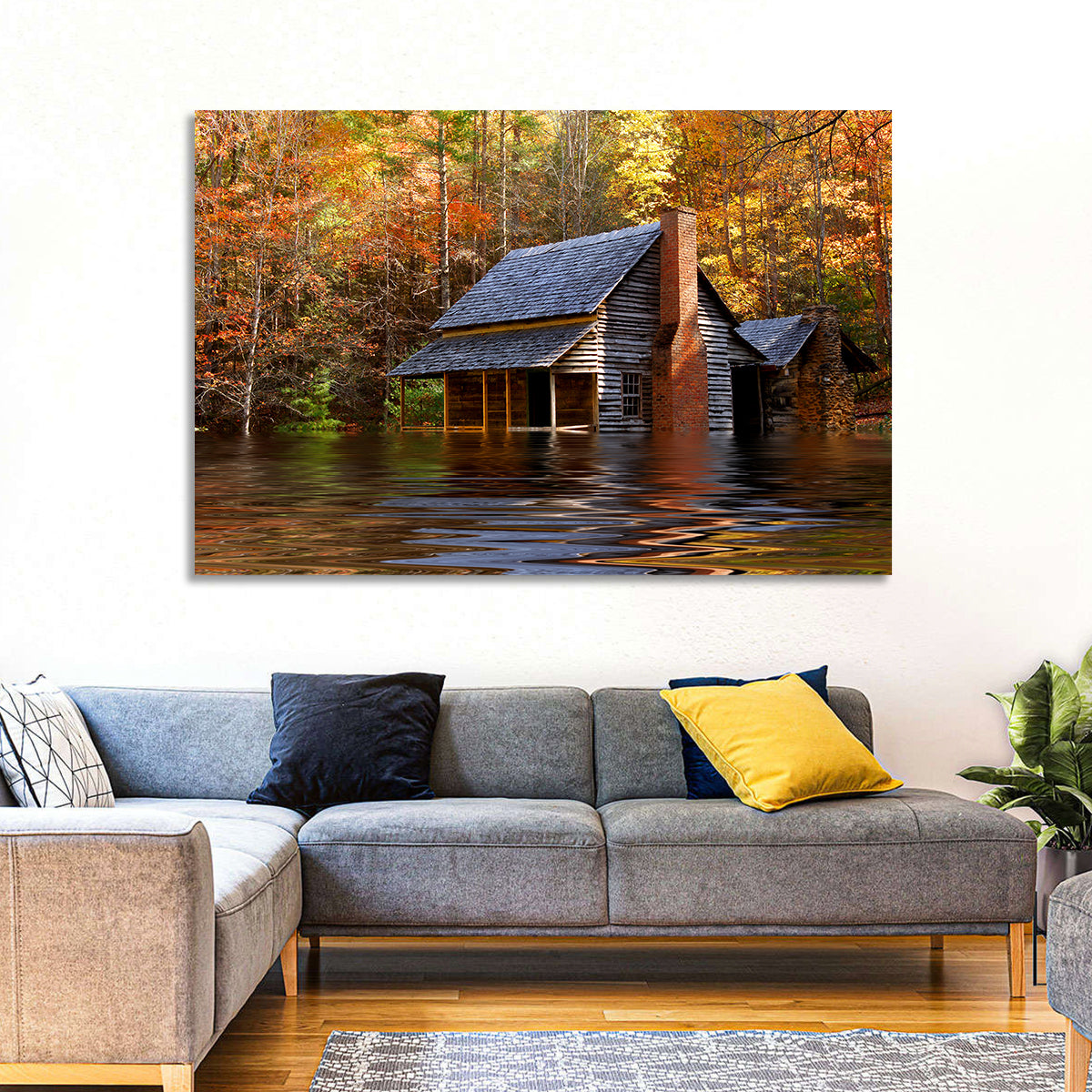Autumn Flooded Log Cabin Wall Art in a room, landscape
