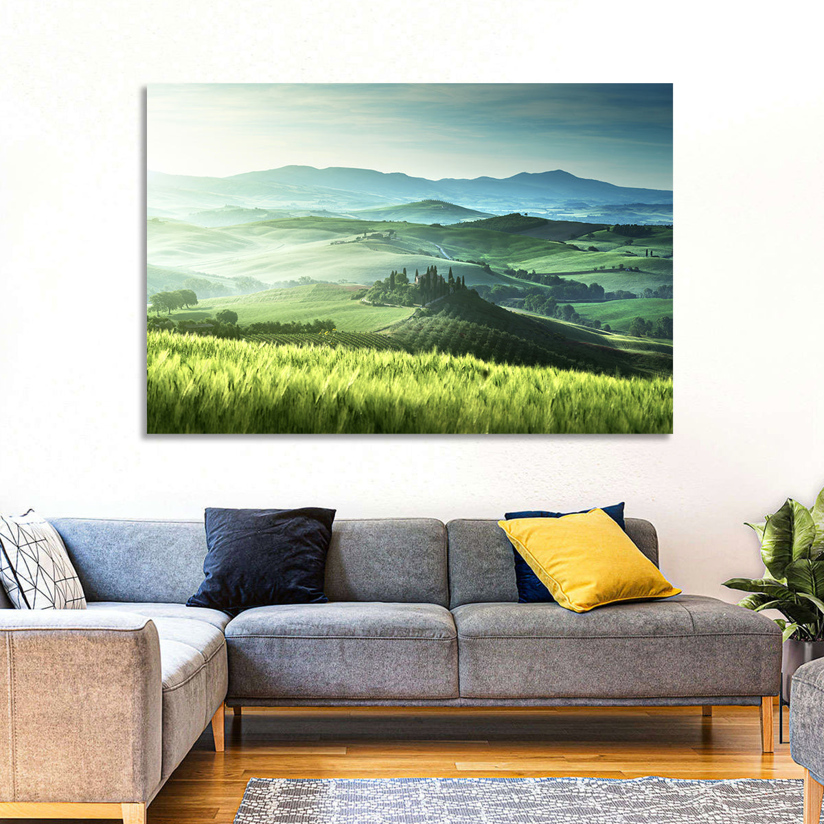 Misty Rolling Hills with Cypresses Wall Art in a room, landscape