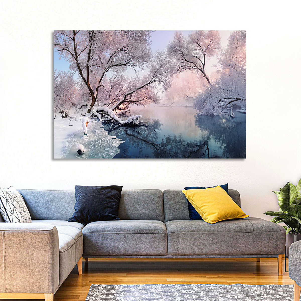 Snowy Lake Morning Mist Wall Art in a room, landscape