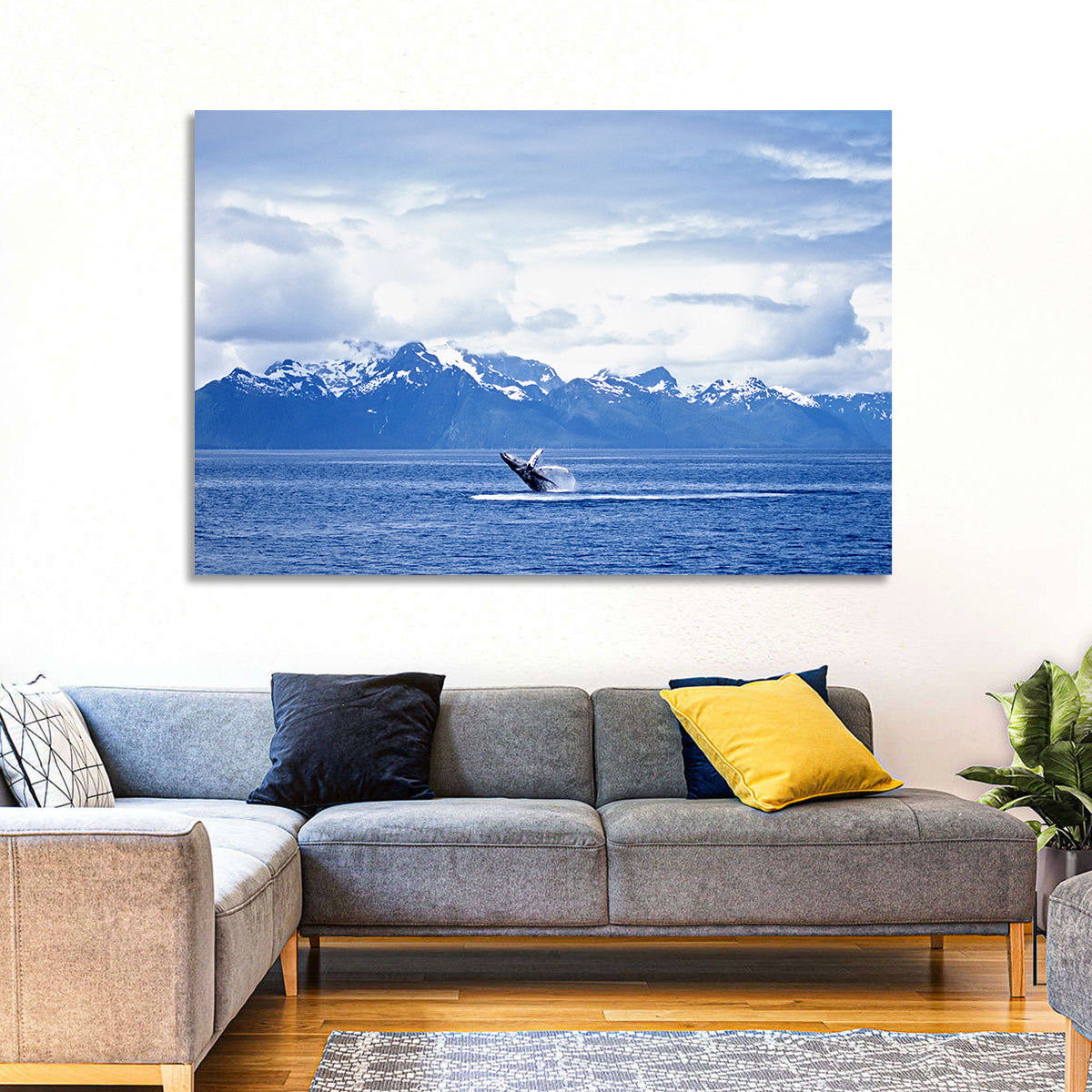 Humpback Whale with Snow Capped Mountains Wall Art in a room, landscape