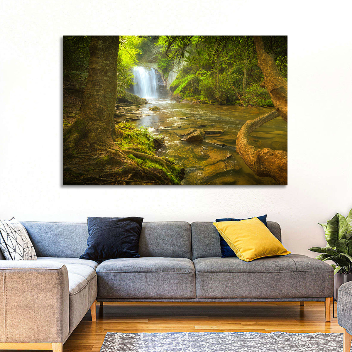 Deep Forest Waterfall Wall Art in a room, landscape