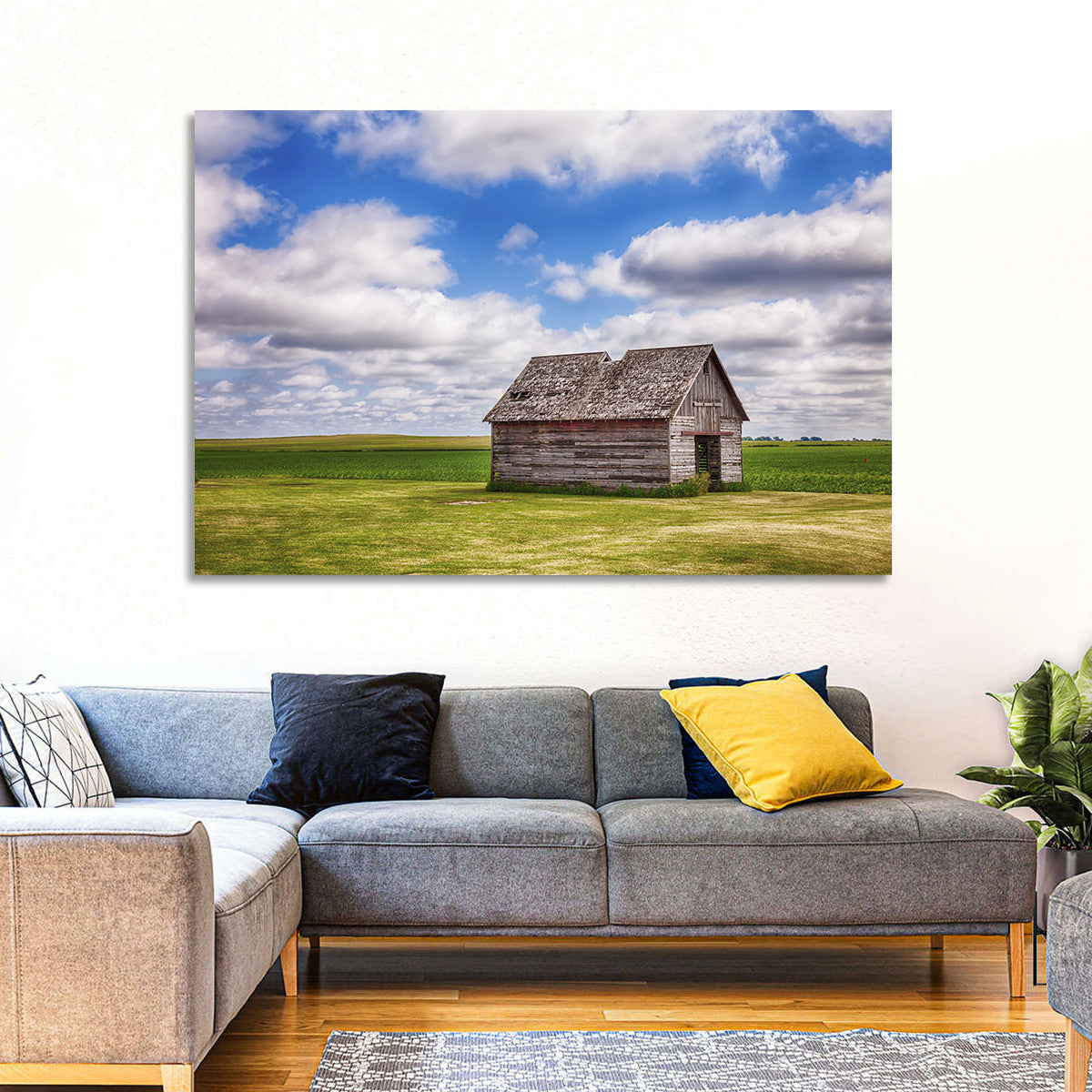 Old Farm Shed in Field Wall Art in a room, landscape