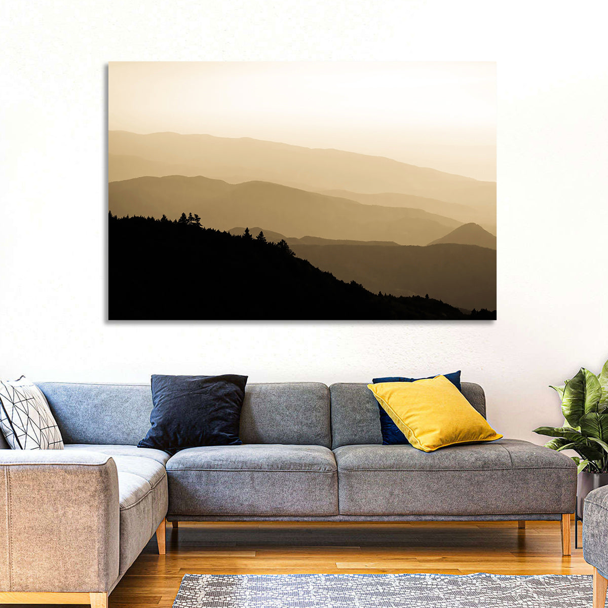 Foggy Mountain Sunset with Evergreen Silhouettes Wall Art in a room, landscape