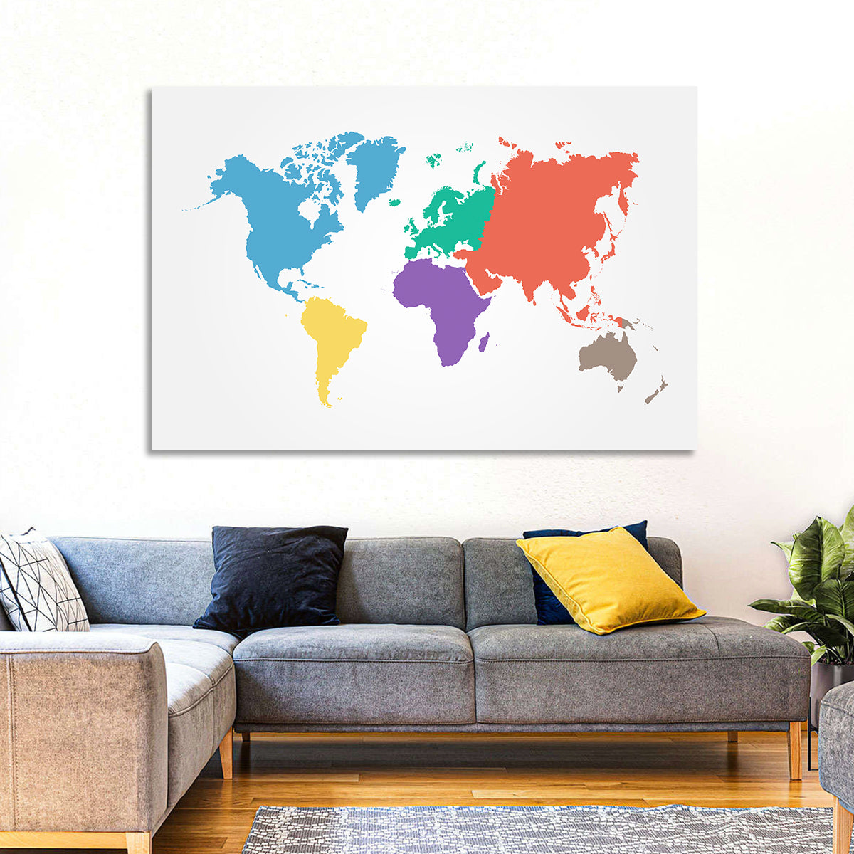 World Continents Map Wall Art in a room, landscape