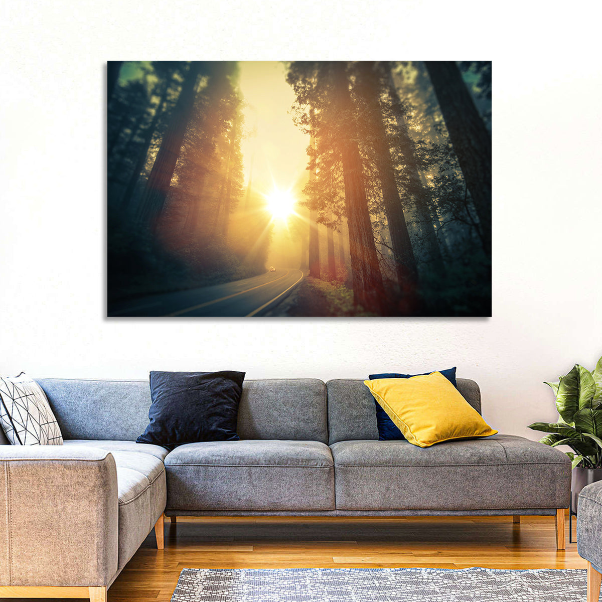 Misty Redwood Road with Golden Sunburst Wall Art in a room, landscape