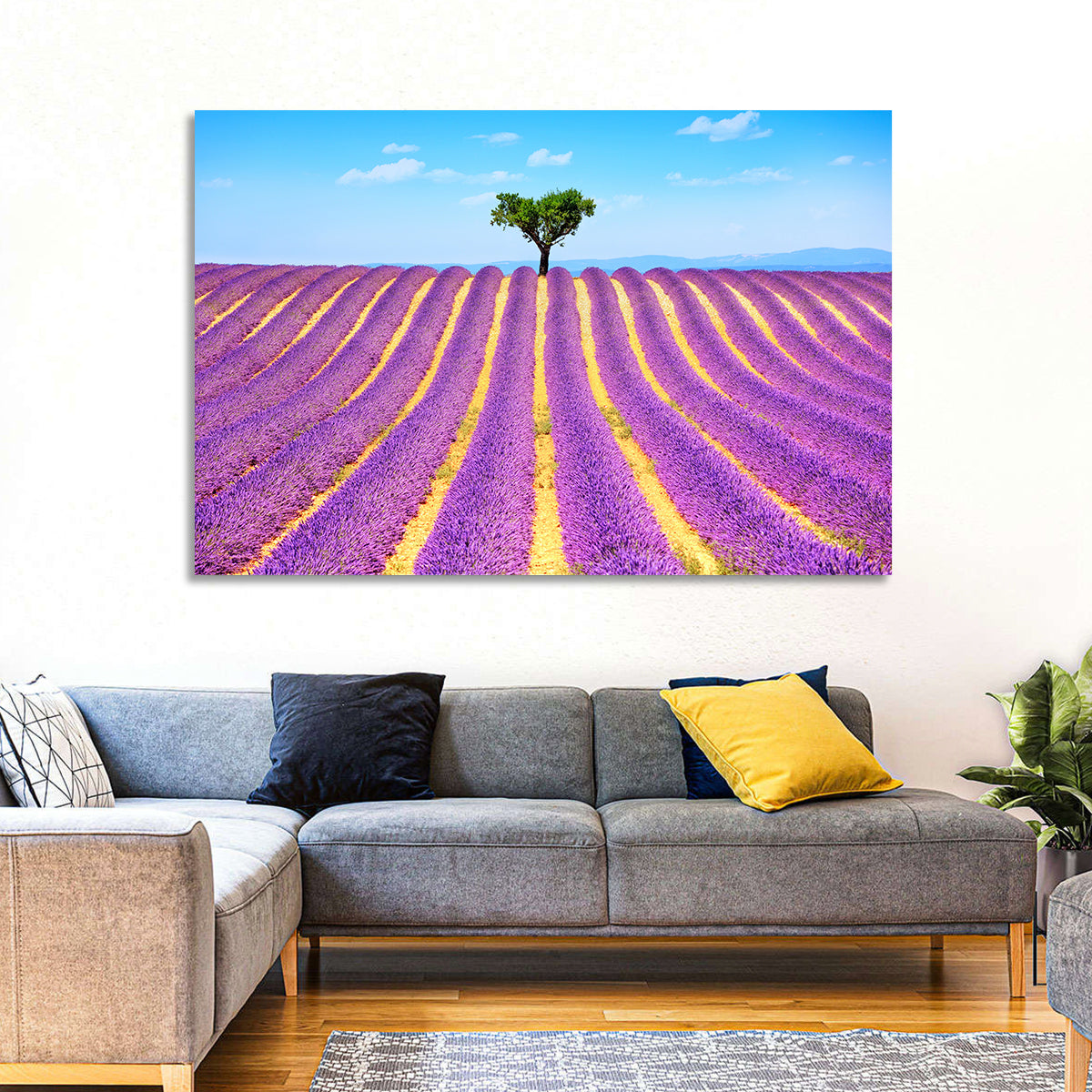 Lavender Field Wall Art in a room, landscape