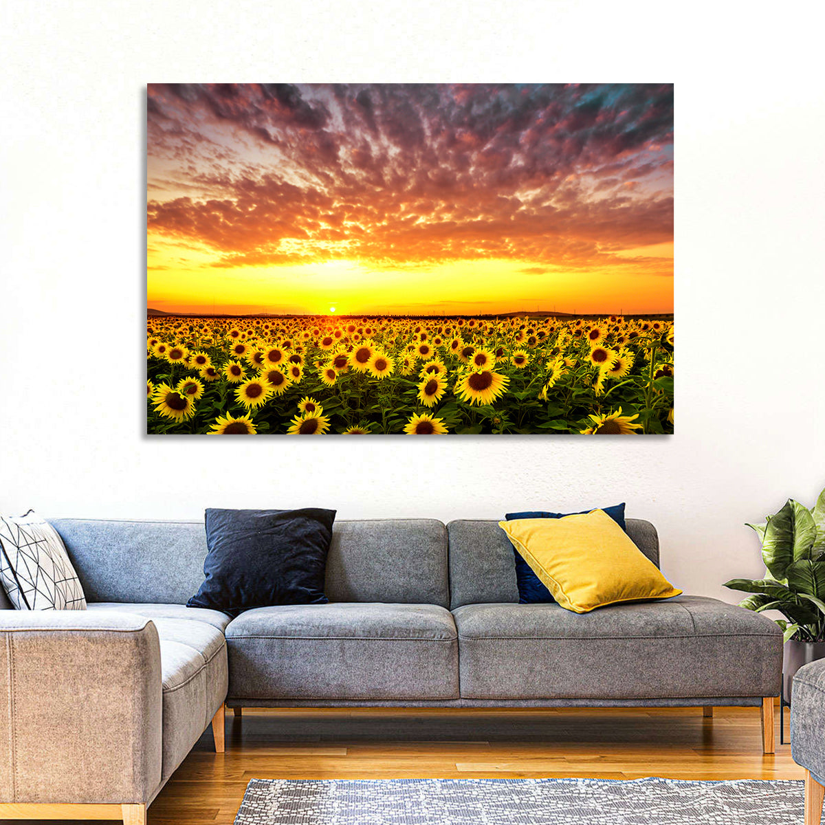 Golden Hour Sunflower Field Wall Art in a room, landscape