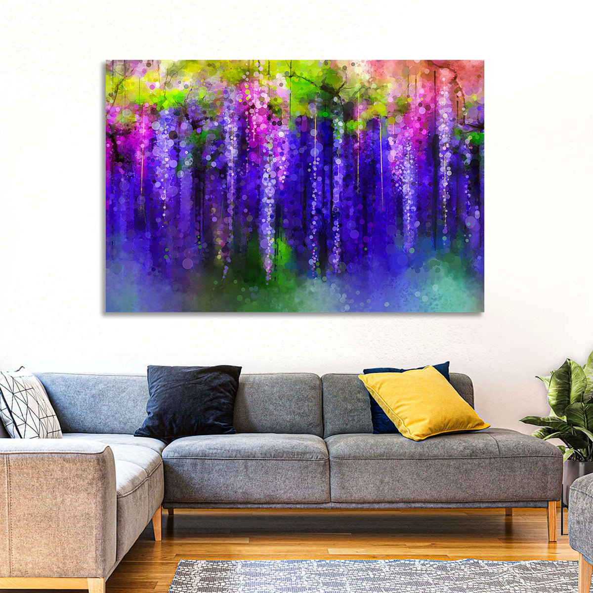Dreamy Wisteria Vines Wall Art in a room, landscape