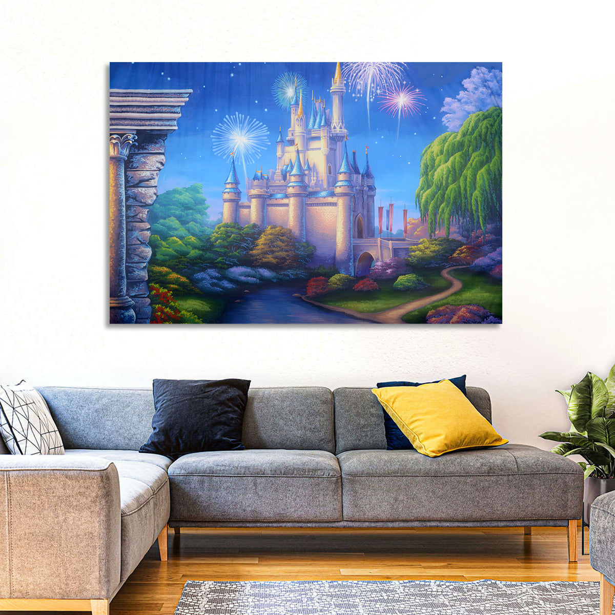 Cinderella Castle Fireworks Illustration Wall Art in a room, landscape