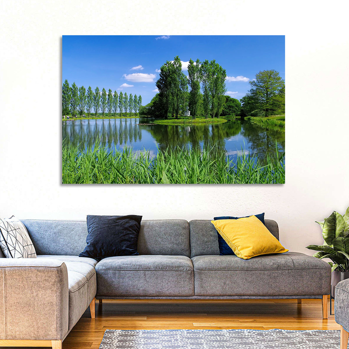 Woerlitz Rousseau Island Reflection Wall Art in a room, landscape