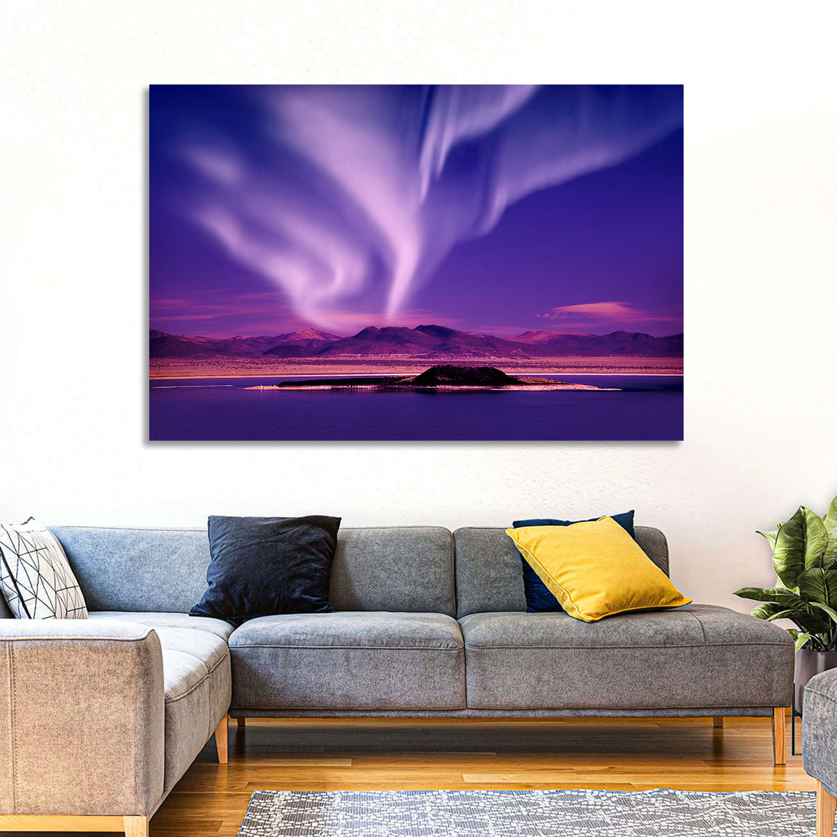 Northern Lights Over Island Wall Art in a room, landscape