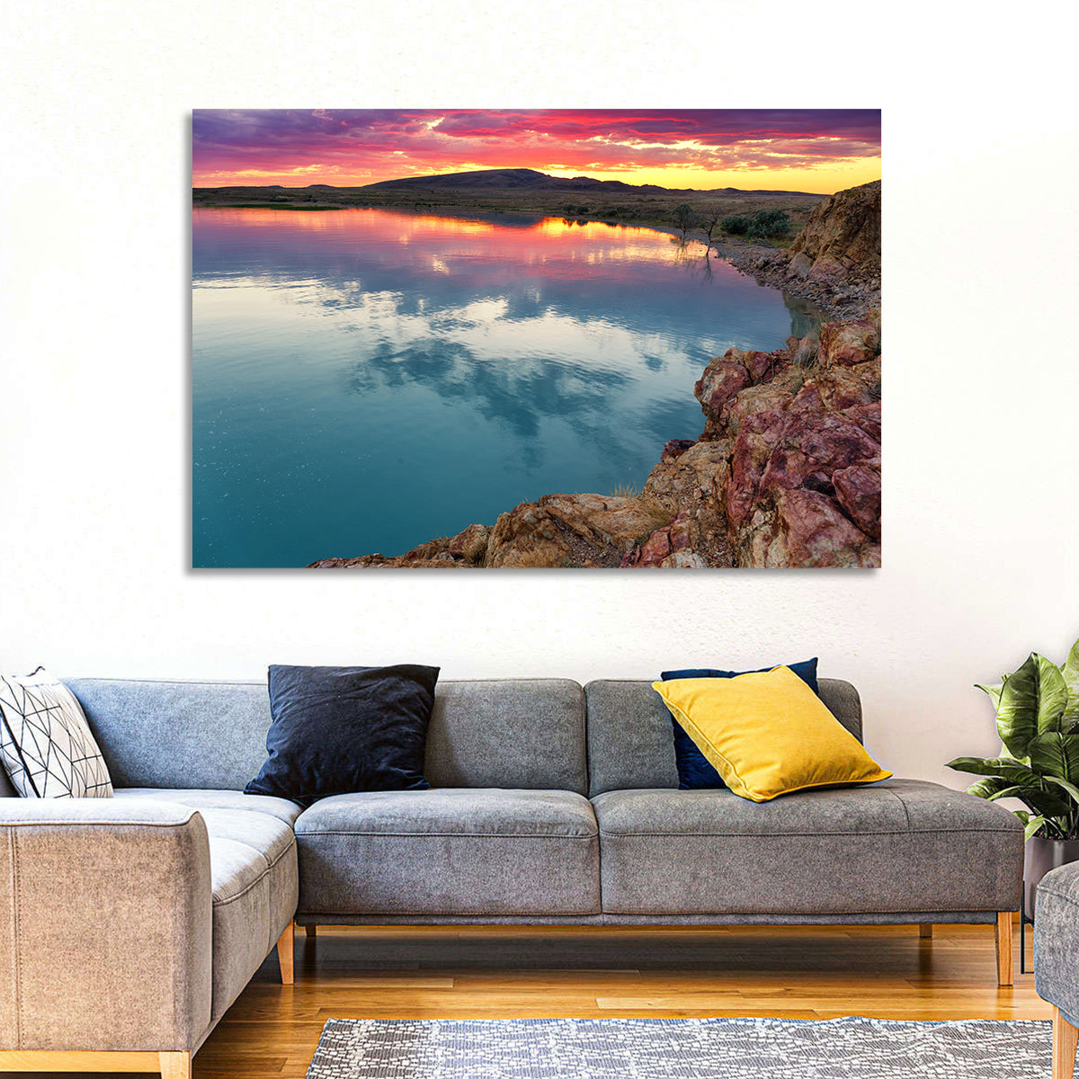 Lake Balkhash Sunset Reflection Wall Art in a room, landscape