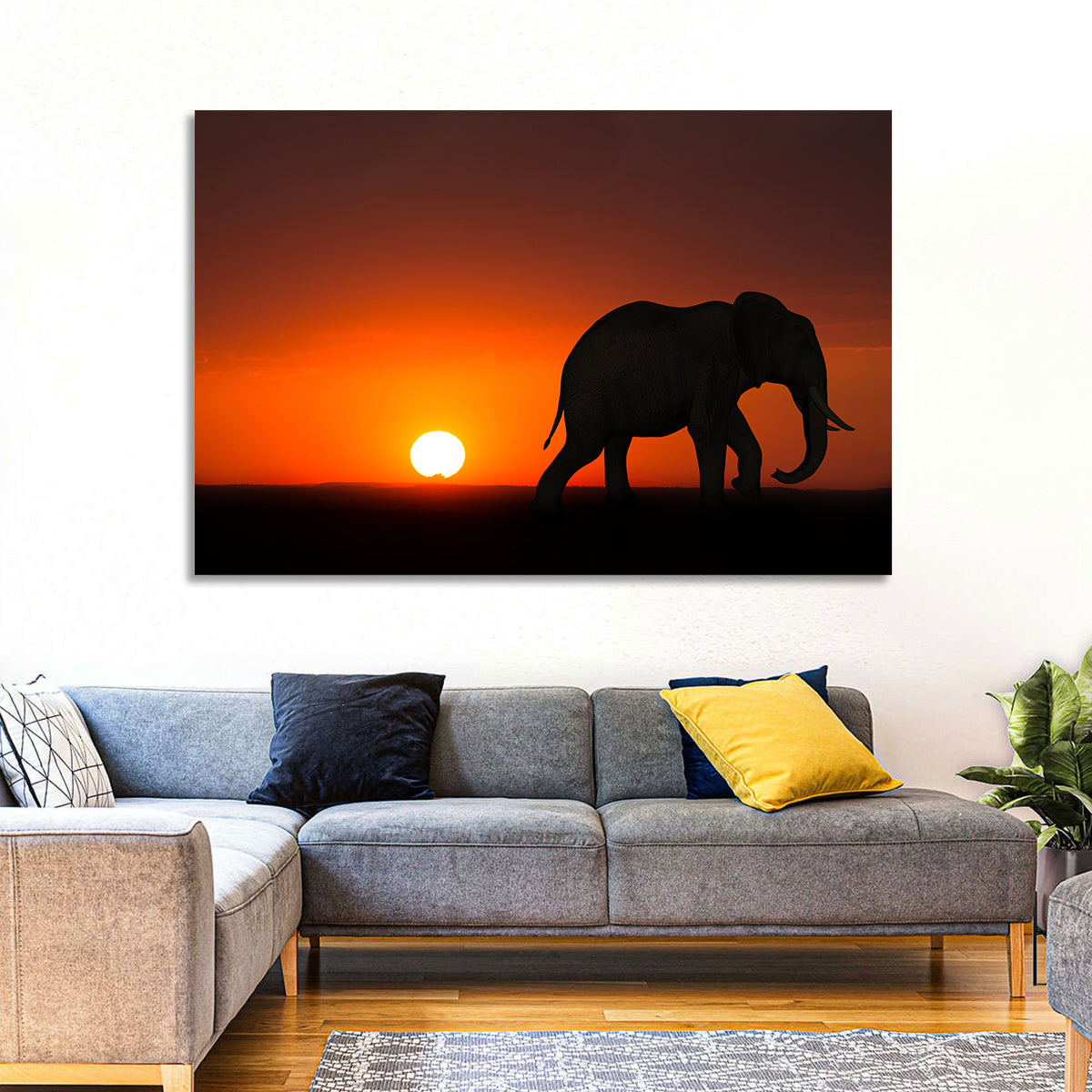 Sunset Elephant Silhouette Wall Art in a room, landscape