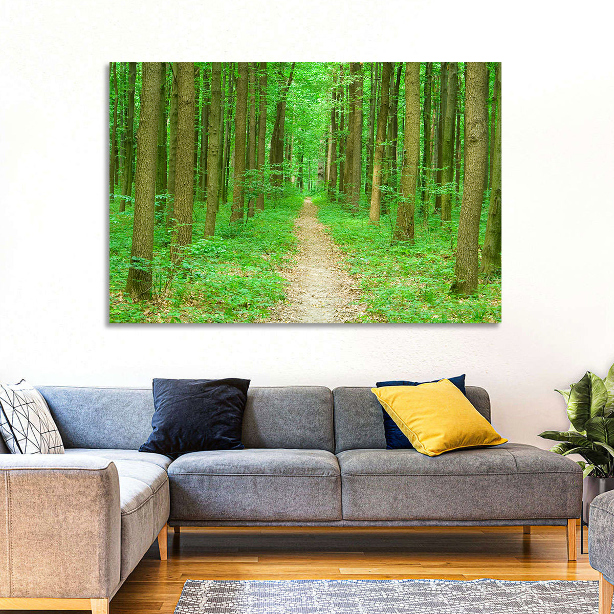 Green Forest Pathway Wall Art in a room, landscape