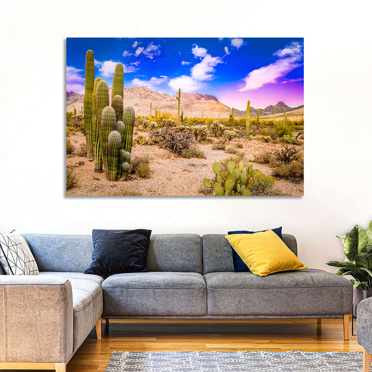 Arizona Saguaro Sunset Wall Art in a room, landscape
