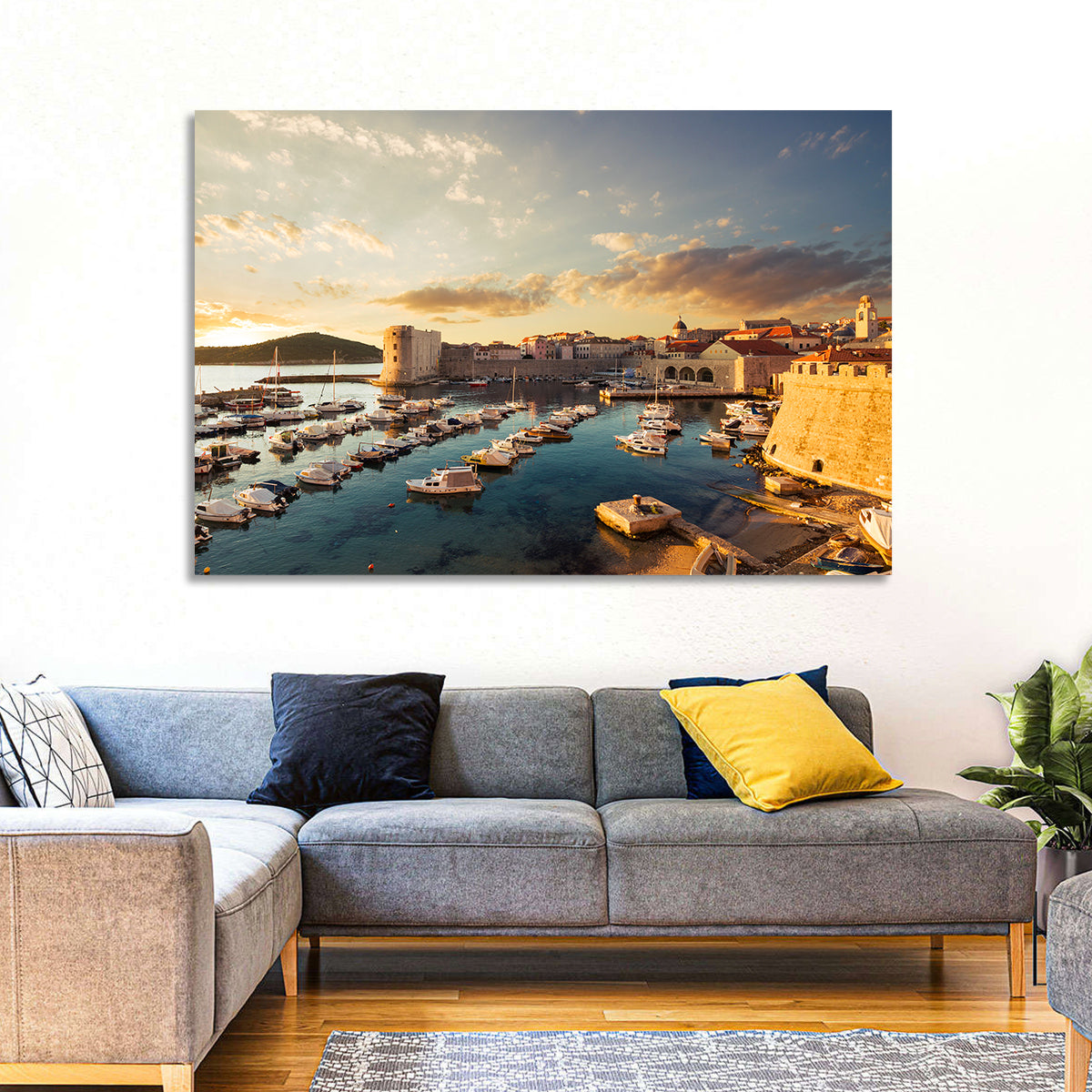 Dubrovnik Old Port at Golden Hour Wall Art in a room, landscape