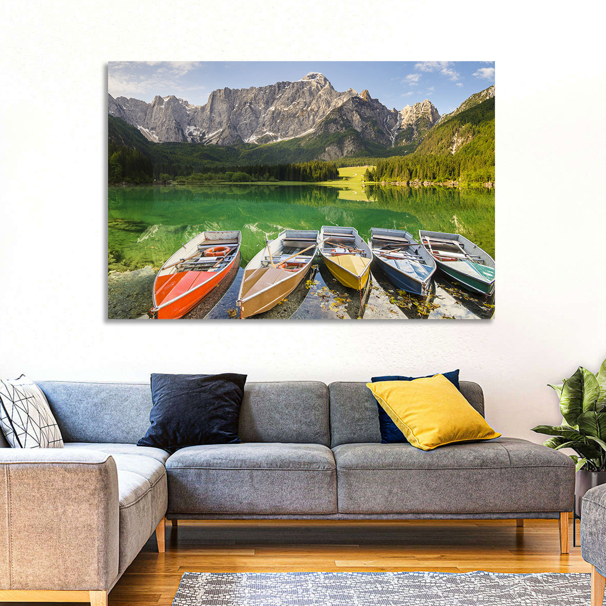 Five Boats at Lago Superiore Di Fusine Wall Art in a room, landscape