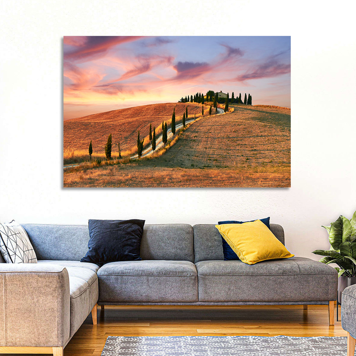 Tuscan Hilltop Road at Dusk Wall Art in a room, landscape