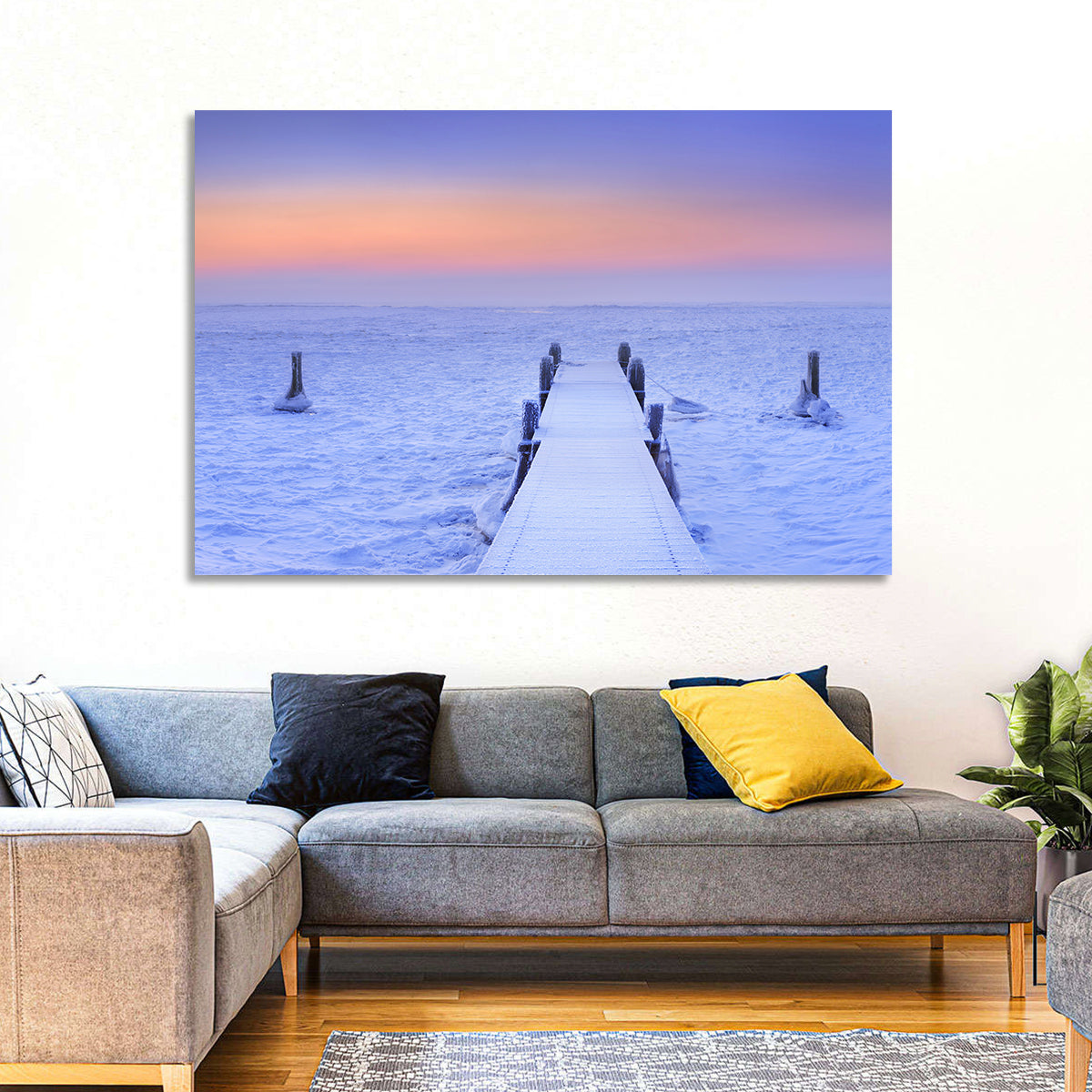 Frosted Jetty at Sunrise Wall Art in a room, landscape