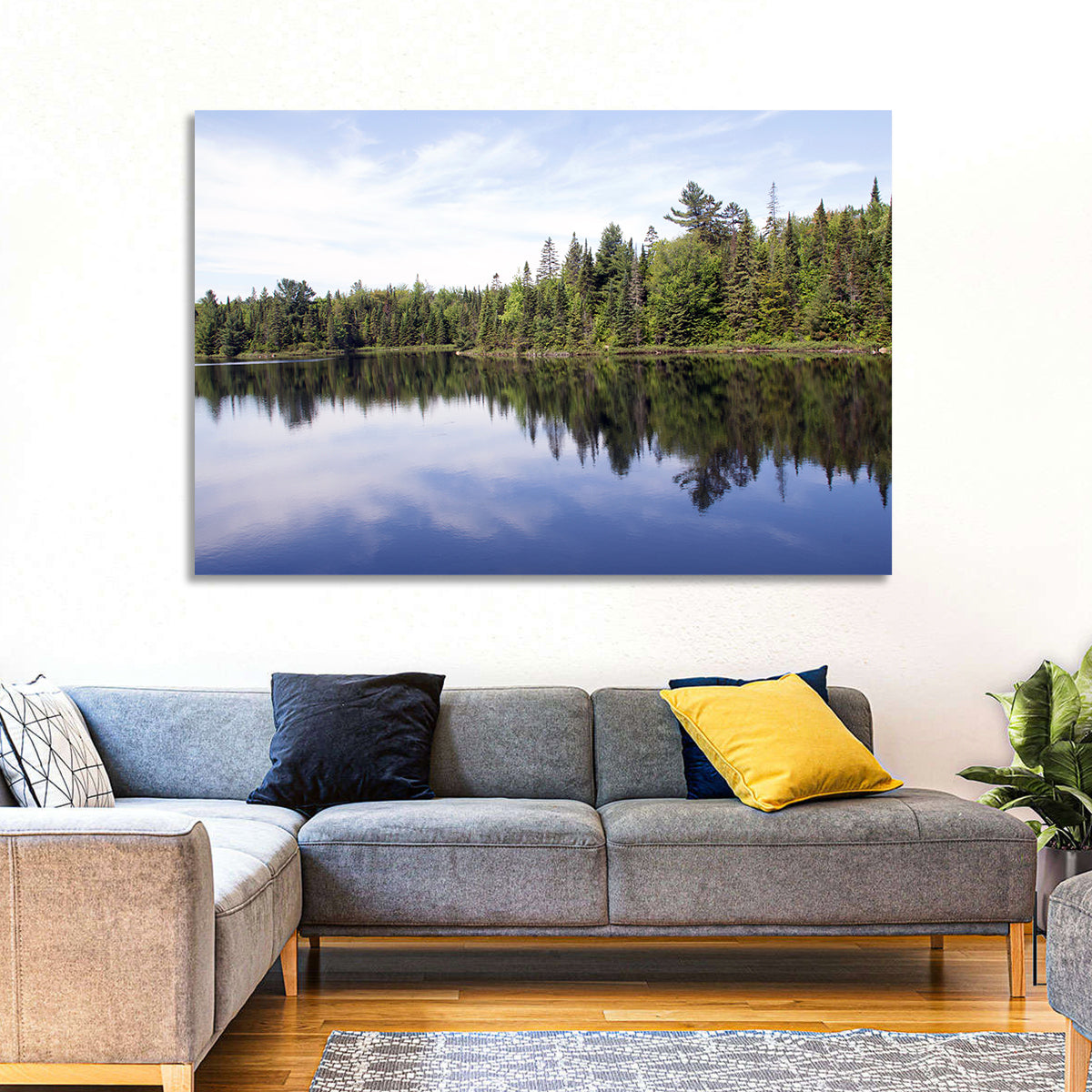Peck Lake Shoreline Reflection Wall Art in a room, landscape