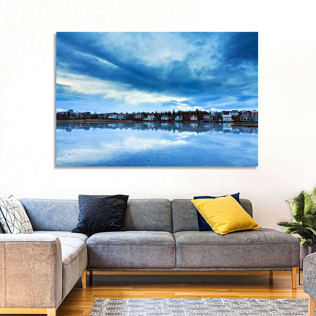 Tjornin at Twilight Reykjavik Wall Art in a room, landscape