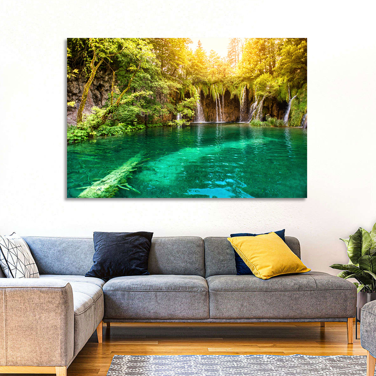 Plitvice Lake Waterfall Wall Art in a room, landscape