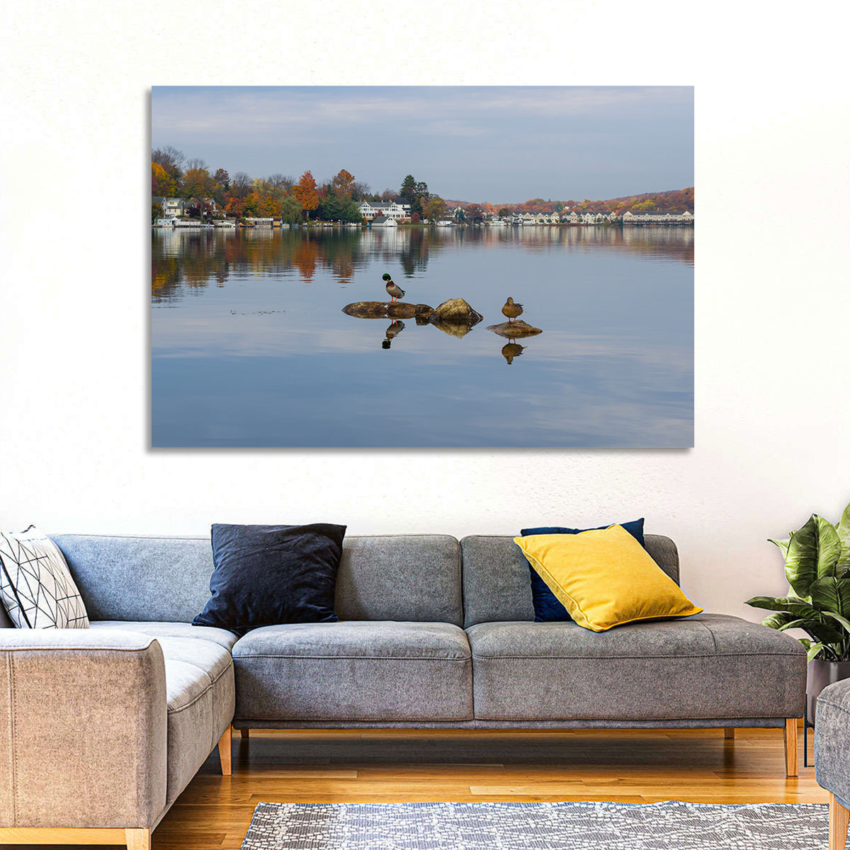 Lake Hopatcong Autumn Reflection Wall Art in a room, landscape
