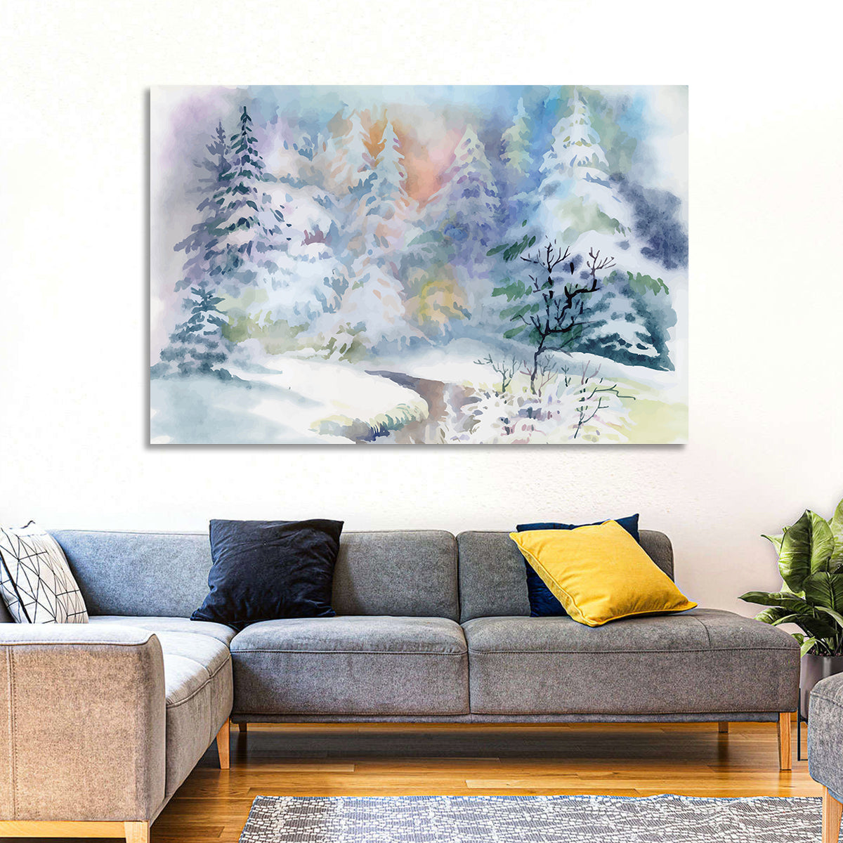 Winding Winter Stream Watercolor Wall Art in a room, landscape