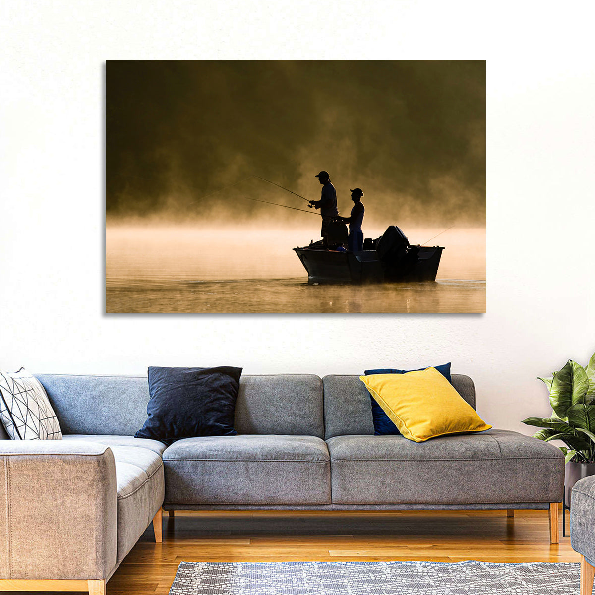 Misty Lake Fishing Wall Art in a room, landscape