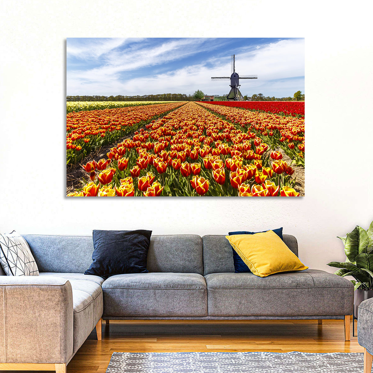 Windmill Over Tulip Fields Wall Art in a room, landscape