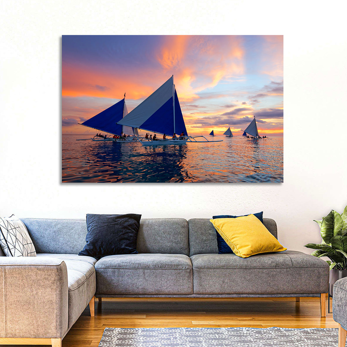 Outrigger Sailboats at Sunset Wall Art
