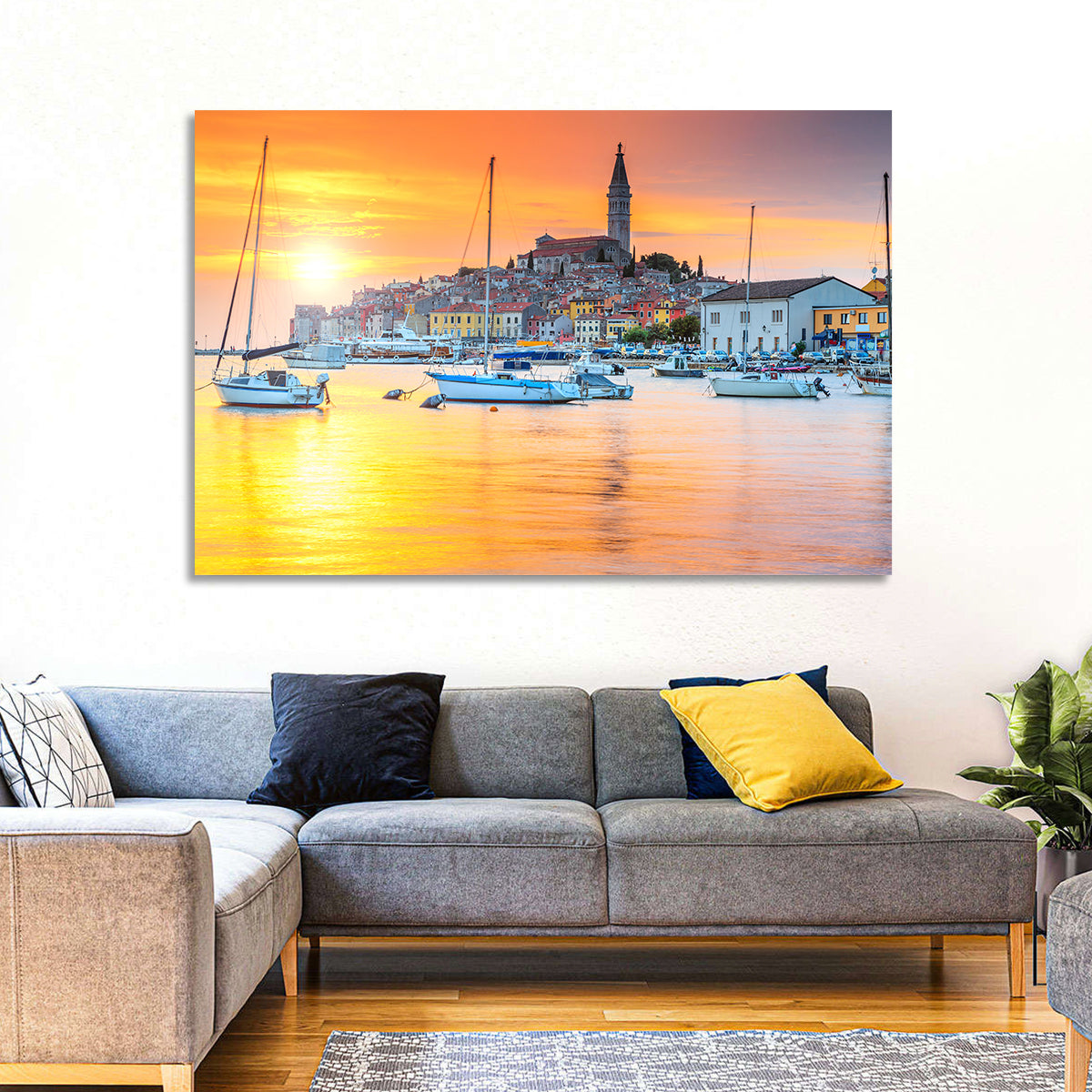 Rovinj Harbor at Sunset Wall Art in a room, landscape