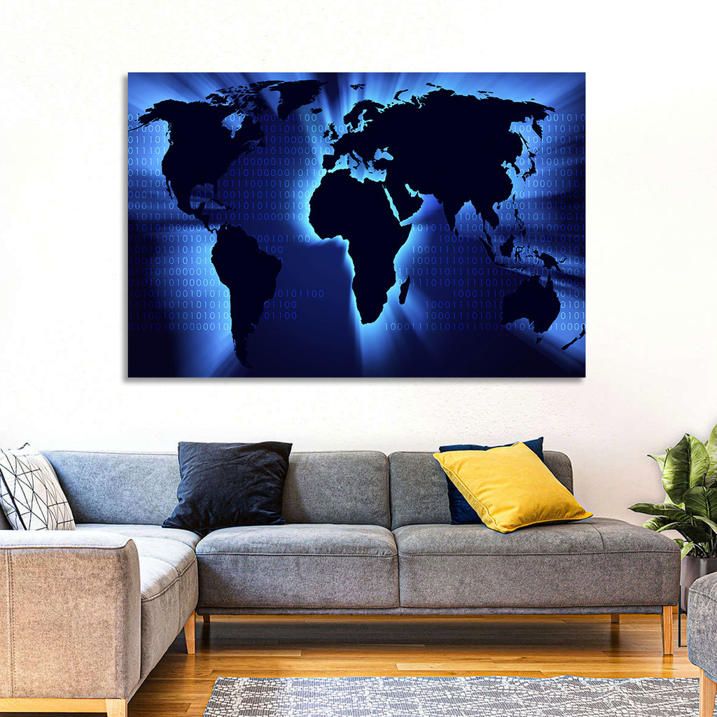 Glowing Digital World Map Wall Art