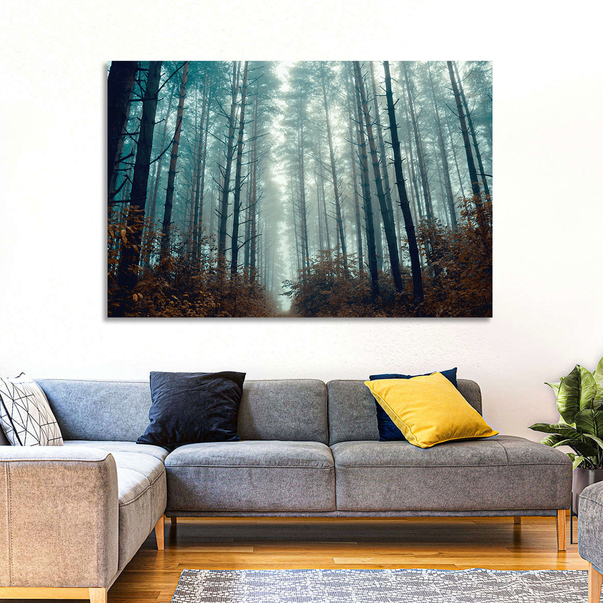 Misty Pine Forest Wall Art in a room, landscape