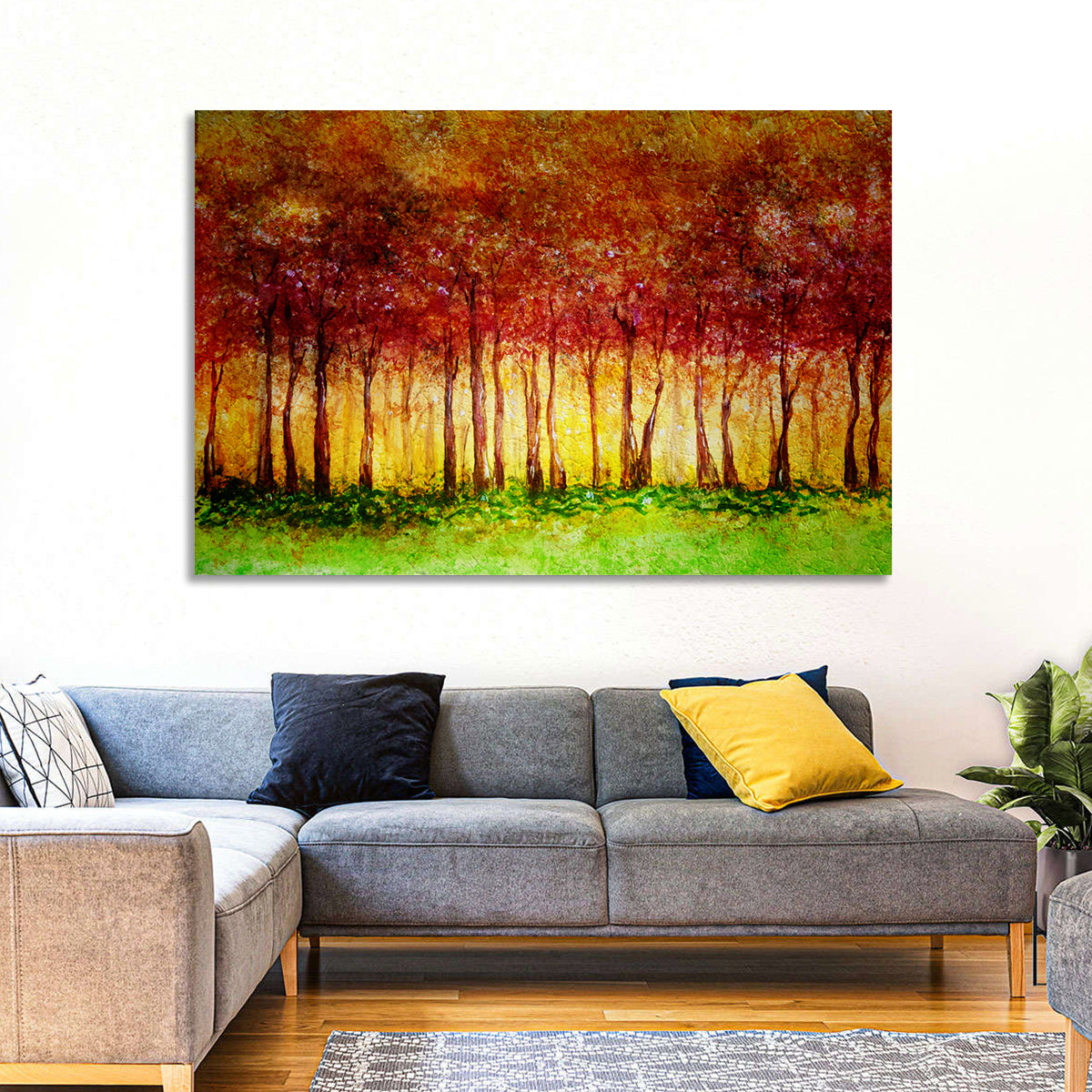 Autumn Tree Row Wall Art in a room, landscape